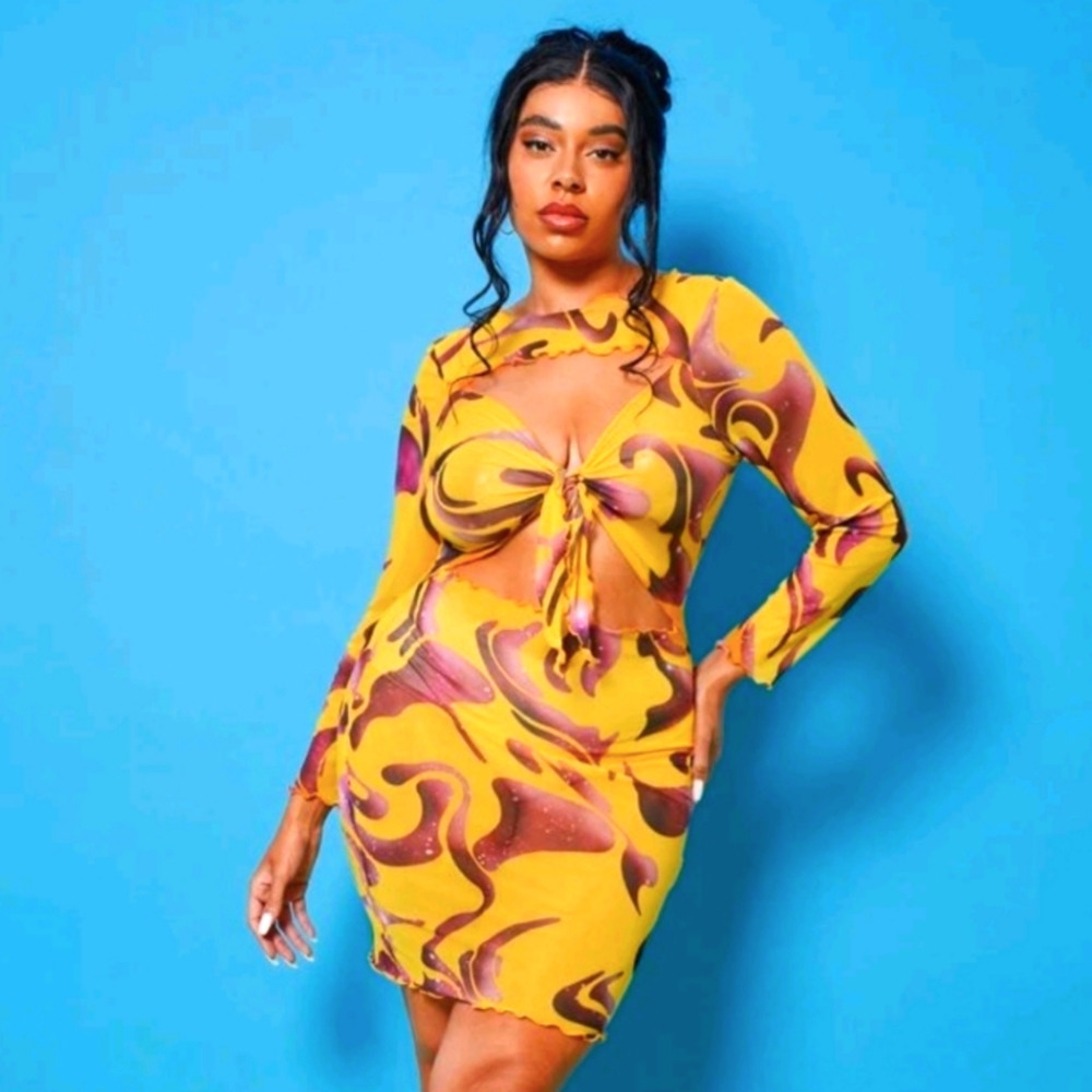 🌼🤎 SHEIN 2XL Yellow Marble Abstract Mesh Cut Out Dress🌼🤎